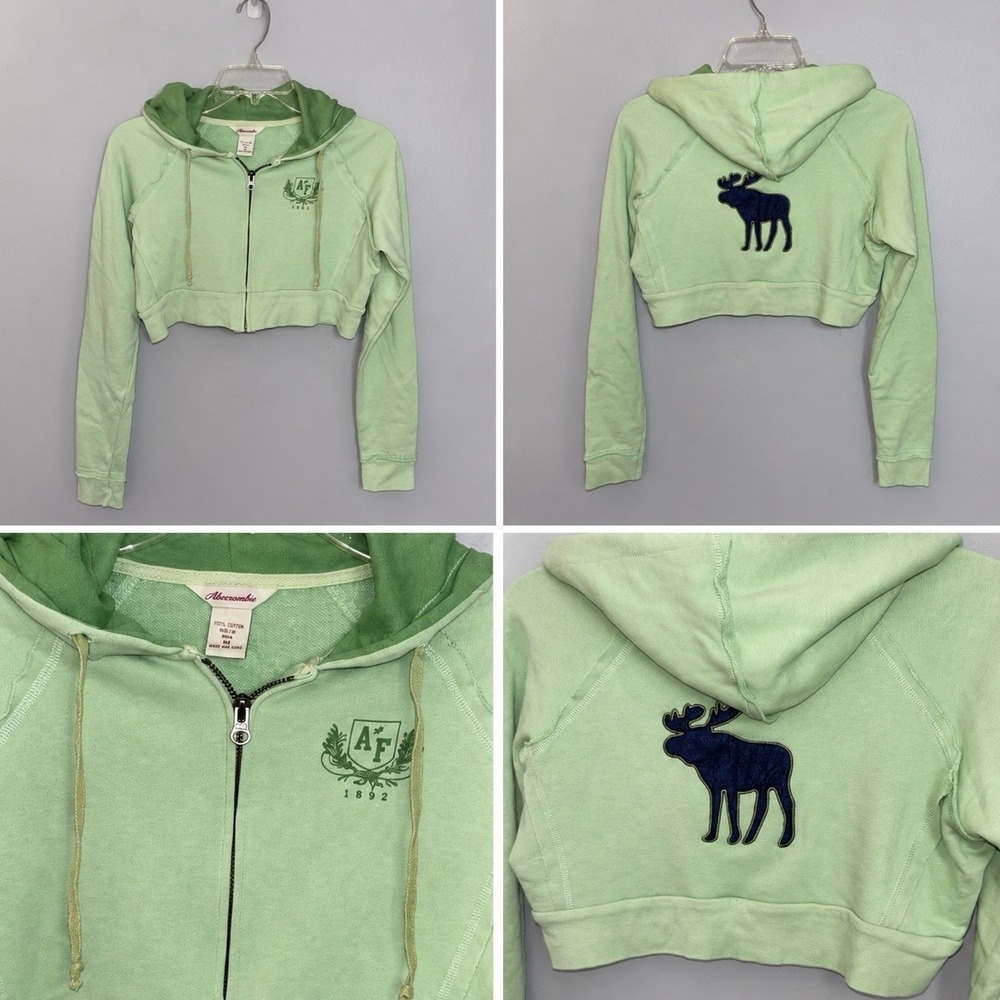 Y2K Abercrombie & Fitch Green Cropped Hoodie Sweatshirt  Embroidered Moose SzM